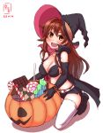  :d alternate_costume artist_logo bikini black_bikini black_gloves black_shorts blush breasts brown_eyes brown_hair candy candy_cane candy_wrapper cape checkerboard_cookie chocolate_bar commentary_request cookie dated elbow_gloves food full_body gloves hair_between_eyes hairband halloween hat highres kanon_(kurogane_knights) kantai_collection kneeling large_breasts lollipop long_hair looking_at_viewer open_mouth orange_eyes pumpkin red_hairband remodel_(kantai_collection) shiratsuyu_(kantai_collection) short shorts simple_background smile solo swimsuit swirl_lollipop thighhighs white_background white_legwear witch witch_hat 