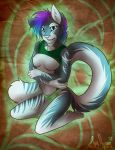  2017 4_toes 5_fingers anthro aoree blue_eyes blue_fur blue_hair breasts cat clothed clothing clothing_lift crop_top exposed_breasts feline female fluffy fluffy_tail fur green_clothing hair inner_ear_fluff kneeling long_tail mammal medium_breasts multicolored_fur multicolored_hair multicolored_tail nipples panties pawpads pink_nipples pink_nose pink_pawpads purple_hair shirt shirt_lift smile solo toes two_tone_fur underwear white_fur 