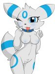  2018 anthro blue_eyes blush breasts canine collar crotch_fur crotch_tuft digital_media_(artwork) dreameclipsewolf eeveelution female fur hi_res lighty looking_at_viewer mammal navel nintendo nude pok&eacute;mon pok&eacute;mon_(species) pose pussy smile solo standing temporal tongue tongue_out umbreon video_games white_fur 