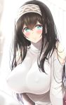  bangs black_hair blue_eyes blush breasts closed_mouth commentary_request covered_nipples hair_between_eyes hairband highres idolmaster idolmaster_cinderella_girls jewel_(the_black_canvas) large_breasts long_hair looking_at_viewer ribbed_sweater sagisawa_fumika shoulder_cutout smile solo sweater turtleneck turtleneck_sweater white_sweater 