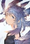  ambiguous_gender blue_eyes blue_feathers blue_hair blue_wings eyebrows_visible_through_hair feathered_wings feathers head_wings looking_at_viewer looking_back mogumo multicolored_hair multiple_wings original parted_lips simple_background solo torn_clothes upper_body wings witch 