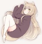  :&lt; animal_ears bangs blush commentary_request eyebrows_visible_through_hair fetal_position full_body green_eyes grey_background highres legs_together long_hair long_sleeves lying nekoume no_shoes on_side original plantar_flexion purple_sweater sleeves_past_wrists solo sweater tail thighhighs white_legwear 