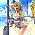  bdsm beach bikini black_bikini blonde_hair blue_eyes blue_sky blush bondage bound bound_wrists braid breasts collar covered_nipples crotch_rope crown cuffs day dress eyebrows_visible_through_hair female_orgasm forced_orgasm french_braid hair_between_eyes handcuffs highres jewelry kantai_collection long_hair long_sleeves looking_at_viewer mini_crown monikano necklace ocean off-shoulder_dress off_shoulder open_mouth orgasm rope_walking sand see-through side-tie_bikini sky solo swimsuit tearing_up thighs translation_request trembling warspite_(kantai_collection) wet wet_clothes 