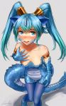  animal_ears aqua_hair blue_eyes blue_hair blue_legwear blush claws collarbone commentary_request dragon_tail extra_ears eyebrows_visible_through_hair gradient_hair grey_background hair_between_eyes hand_on_own_chest highres horns kemono_friends long_hair looking_at_viewer monster_girl multicolored_hair pantyhose parted_lips scales seiryuu_(kemono_friends) signature simple_background solo tail twintails welt_(kinsei_koutenkyoku) 