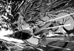  action akaneharu_ohkami arrow bow_(weapon) bullet_time commentary_request dodging drawing_bow explosion firing flight_deck from_behind greyscale hachimaki headband kantai_collection monochrome ocean ponytail quiver s shell weapon zuihou_(kantai_collection) 