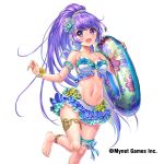  :d anklet armband barefoot bead_bracelet beads bikini blue_bikini_bottom bracelet carrying esphy flower frilled_bikini frills hair_flower hair_ornament high_ponytail innertube jewelry long_hair navel official_art open_mouth purple_eyes purple_hair sangoku_infinity smile standing standing_on_one_leg swimsuit thigh_strap thighlet very_long_hair 