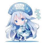  &gt;:) 1girl ainu_clothes alternate_color bangs beni_shake blue_footwear blue_hat blush chibi closed_mouth commentary_request eyebrows_visible_through_hair fate/grand_order fate_(series) full_body fur-trimmed_boots fur_trim gloves hair_between_eyes hand_up hat illyasviel_von_einzbern leaning_to_the_side long_hair long_sleeves pantyhose shadow silver_hair sitonai smile solo standing v-shaped_eyebrows very_long_hair white_background white_gloves white_legwear wide_sleeves 