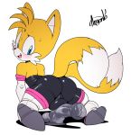  2018 anthro argento balls blue_eyes blush boots bulge butt canine cheek_tuft clothed clothing crossdressing digital_media_(artwork) dildo dildo_frottage dipstick_tail equine_dildo footwear fox head_tuft hi_res looking_back male mammal miles_prower multi_tail multicolored_tail rouge_the_bat sex_toy signature simple_background solo sonic_(series) sweat tuft white_backgrond white_background 