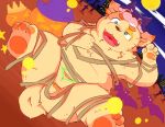  bandage belly canine cusith dog flaccid food fruit fur halloween hat holidays lying male mammal mummy_costume navel nude on_back pawpads penis pumpkin slightly_chubby tokyo_afterschool_summoners yellow_fur ゆーじ 