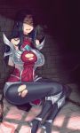  1girl armor bare_shoulders black_hair blue_eyes blush bodysuit breasts chains choker circlet hair_ornament irelia large_breasts league_of_legends long_hair mr.skull open_mouth skin_tight solo stockings wall 