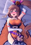  1girl animal_ears bare_shoulders bed black_thighhighs blush bow breasts brown_hair bunny_ears candy cygames dragalia_lost elbow_gloves elisanne fake_bunny_ears food garter_straps gloves halloween jack-o&#039;-lantern large_breasts leotard lollipop long_hair looking_at_viewer lying nintendo on_back open_mouth orange_leotard ponytail pumpkin purple_eyes solo thighhighs thighs very_long_hair white_elbow_gloves white_gloves 