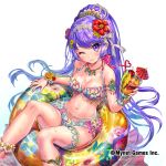  ;) anklet armlet bangle bikini bracelet breasts cherry cleavage cocktail_umbrella company_name crazy_straw drink drinking_straw esphy floral_print flower flower_bikini food fruit hair_flower hair_ornament jewelry long_hair looking_at_viewer medium_breasts navel necklace official_art one_eye_closed pineapple_slice purple_hair sangoku_infinity smile swimsuit thighlet very_long_hair wading_pool 