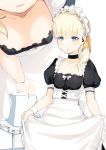  apron apron_lift bangs blonde_hair blue_eyes blunt_bangs blush breasts choker collarbone commentary_request eyebrows_visible_through_hair hair_ornament highres kantai_collection lifted_by_self long_hair maid maid_headdress meth_(emethmeth) multiple_views open_mouth puffy_short_sleeves puffy_sleeves shin'you_(kantai_collection) short_sleeves side_ponytail signature small_breasts teapot tray 