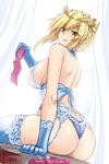  artoria_pendragon_(all) artoria_pendragon_(lancer) artoria_pendragon_(lancer_alter) artoria_pendragon_(lancer_alter)_(cosplay) ass babydoll back bangs bare_shoulders blonde_hair blue_gloves blue_legwear blue_panties blush braid breasts commentary_request condom_box condom_wrapper cosplay crown curtains dildo fate/grand_order fate_(series) french_braid garter_belt gloves green_eyes hair_between_eyes hand_up hellandheaven highres large_breasts lingerie long_hair looking_at_viewer looking_back open_mouth panties parted_lips royal_icing see-through sideboob sidelocks sitting smile solo swept_bangs thighhighs thighs underwear 