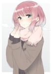  bangs blue_eyes blush breath commentary_request enpera eyebrows_visible_through_hair fingernails hands_up long_sleeves looking_at_viewer nekoume original pink_hair pink_scarf scarf short_hair solo upper_body 