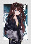  black_shirt blue_eyes breasts brown_hair cleavage collarbone commentary_request eyewear_on_head hands_in_pockets highres jacket jewelry long_hair looking_at_viewer luicent necklace original pants shirt solo sunglasses two-tone_jacket 