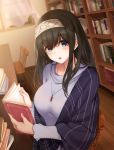  bangs black_hair blue_eyes blue_sweater blush book bookshelf breasts chair commentary_request curtains eyebrows_visible_through_hair hair_between_eyes hairband highres holding holding_book idolmaster idolmaster_cinderella_girls indoors jewelry large_breasts long_hair looking_at_viewer necklace open_book parted_lips pendant sagisawa_fumika satosi shawl sitting solo sweater window 