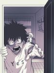  1girl all_might bed blush boku_no_hero_academia bra caught full-face_blush hetero highres horoyoi_(kkcp4442) looking_at_viewer midoriya_izuku monochrome open_door poster short_hair sweatdrop underwear uraraka_ochako wide-eyed 