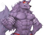  2018 5_fingers abs anthro biceps big_muscles black_nose canine captainjohkid clothing digital_media_(artwork) fur hi_res male mammal muscular muscular_male pecs purple_fur simple_background tattoo wolf 