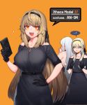  :3 :d ? ak-12_(girls_frontline) an-94_(girls_frontline) an-94_(girls_frontline)_(cosplay) backless_dress backless_outfit bag bangs bare_shoulders belt black_dress black_gloves black_hairband black_ribbon blonde_hair blue_eyes blush braid breast_envy breasts brown_hair cain_(gunnermul) character_name commentary cosplay covering_face cowboy_shot dress ear_blush empty_eyes eyebrows_visible_through_hair flat_chest girls_frontline gloves hair_between_eyes hair_ribbon hairband hand_on_hip handbag hands_on_own_chest hands_up highres holding holding_bag ithaca_m37_(girls_frontline) jewelry large_breasts long_hair looking_at_viewer multiple_girls necklace open_mouth orange_background orange_eyes parted_lips ribbon short_sleeves sidelocks simple_background smile sparkle spoken_question_mark trembling v-shaped_eyebrows very_long_hair white_hair 