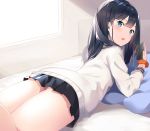  :o ass bedroom black_hair blue_eyes blush cardigan commentary_request earphones indoors long_hair long_sleeves looking_at_viewer lying miniskirt on_bed on_stomach open_mouth pillow pleated_skirt rin_yuu school_uniform scrunchie skirt solo ssss.gridman takarada_rikka window 