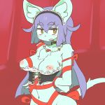  1girl amboynav2 arms_behind_back breasts cat female furry hairband long_hair looking_at_viewer navel no_bra purple_hair red_background solo upper_body 