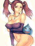  :d bare_shoulders black_eyes blue_skin bottomless breast_hold breasts cleavage convenient_leg covered_nipples cowboy_shot dragon_quest dragon_quest_viii frown fumio_(rsqkr) groin happy holding_arm jessica_albert jewelry large_breasts long_sleeves looking_away monster navel necklace off_shoulder open_mouth pendant purple_shirt red_eyes red_hair sad shirt simple_background sketch slime_(dragon_quest) smile solo thick_thighs thighs twintails 