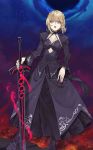  artoria_pendragon_(all) black_dress blonde_hair braid commentary_request dark_excalibur dress fate/grand_order fate_(series) french_braid full_body gothic_lolita hair_bun highres jpeg_artifacts lolita_fashion looking_at_viewer open_mouth saber_alter standing sword teshima_nari weapon yellow_eyes 