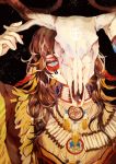  animal_skull antlers black_background blue_eyes brown_hair dream_catcher facepaint feathers headband holding holding_skull jewelry latin_cross light_particles mii_(chibinomi) native_american necklace original serious simple_background skull solo 