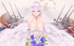  azur_lane bangs belfast_(azur_lane) blue_eyes blurry blurry_background blush bouquet braid breasts bridal_veil bride cait cannon cleavage collar collarbone commentary dress earrings eyebrows_visible_through_hair flower french_braid gloves gold gold_trim highres holding holding_bouquet jewelry large_breasts long_hair looking_at_viewer machinery maid_headdress rigging sidelocks silver_collar silver_hair sitting smile solo strapless strapless_dress tiara union_jack veil wedding_dress white_dress 