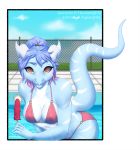  2017 anthro bikini clothed clothing curved_horn day digital_media_(artwork) dragon female hair horn outside purple_hair rayley red_eyes sky solo swimsuit 