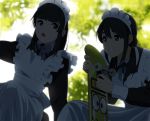  anime_coloring apron bangs black_hair blunt_bangs blurry blurry_background commentary d: maid maid_apron maid_headdress multiple_girls open_mouth original outdoors shade shadow skateboard suzushiro_(suzushiro333) twintails 
