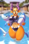  2018 antelope anthro bikini blue_eyes breasts camel_toe clothing digital_media_(artwork) don_ko female gazelle hi_res horn looking_at_viewer mammal navel nipple_bulge open_mouth open_smile pear_(don_ko) pool_toy signature smile solo swimsuit thick_thighs water 