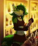  2018 5_fingers anthro bell breasts canine clothed clothing collar detailed_background digital_media_(artwork) female fox fur green_fur green_hair hair mammal neotheta skirt solo standing yellow_eyes 