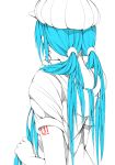  aqua_hair back chin_stroking commentary_request from_behind hair_ornament hair_scrunchie hat hatsune_miku holding holding_hair hood hoodie hsumiaochan long_hair nape ribbed_hat scrunchie short_sleeve_sweater short_sleeves solo tattoo twintails vocaloid white_background 