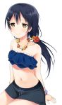  arm_support bikini bikini_shorts black_hair black_shorts blue_bikini bracelet clare_(puyo2) collarbone flower hair_flower hair_ornament hairclip hibiscus jewelry long_hair looking_at_viewer love_live! love_live!_school_idol_project necklace ponytail red_flower shorts simple_background smile solo sonoda_umi strapless strapless_bikini swimsuit white_background yellow_eyes yellow_flower 