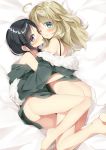  ahoge ass bangs bare_shoulders barefoot black_bra black_hair blonde_hair blue_eyes bottomless bra breasts chito_(shoujo_shuumatsu_ryokou) eyebrows_visible_through_hair eyes_visible_through_hair from_above fur_trim gau_(n00_shi) hair_between_eyes highres hug long_hair looking_at_viewer low_twintails lying medium_breasts multiple_girls naked_coat off_shoulder on_side open_mouth parted_lips shoujo_shuumatsu_ryokou twintails underwear yuri yuuri_(shoujo_shuumatsu_ryokou) 