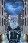  2017 digital_media_(artwork) feline fur green_eyes hair male mammal night outside pink_hair raining rayley solo standing white_fur 