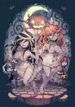  alternate_costume aria_wintermint bandages black_hair blush breasts cleavage curly_hair glasses graveyard green_eyes groin hair_between_eyes halloween hat jack-o'-lantern large_breasts long_hair medium_breasts multiple_girls mummy_costume navel nurse nurse_cap orange_hair parororo the_crawling_city thighhighs tombstone trick_or_treat wavy_mouth 