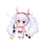  animal animal_ears azur_lane bare_shoulders bird blush boots bottle breasts bunny_ears camisole chibi chick closed_mouth collarbone commentary_request flying_sweatdrops full_body fur-trimmed_jacket fur_trim hair_ornament hairband hand_up holding holding_bottle jacket laffey_(azur_lane) long_hair long_sleeves off_shoulder open_clothes open_jacket pink_jacket pleated_skirt red_eyes red_hairband red_skirt silver_hair simple_background skirt sleeves_past_fingers sleeves_past_wrists small_breasts solo standing thighhighs thighhighs_under_boots twintails very_long_hair white_background white_camisole white_footwear white_legwear wide_sleeves yada_(xxxadaman) 