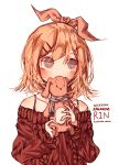  artist_name baggy_clothes bangs blonde_hair blush bow bunny collarbone commentary grey_eyes hair_bow hair_ornament hair_ribbon hairclip half-closed_eyes highres kagamine_rin looking_away ribbed_sweater ribbon scarf short_hair shoulders simple_background strap stuffed_animal stuffed_bunny stuffed_toy sweater user_xkew2474 vocaloid white_background 