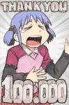  bangs blue_hair closed_eyes collared_shirt english followers frills hair_cubes hair_ornament hands_up hankuri hits long_sleeves naganohara_mio nichijou open_mouth pink_shirt shirt short_twintails solo tears teeth thank_you twintails upper_body 