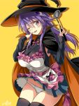 ;d absurdres apron bangs blue_eyes blush bow breasts cape commentary_request cowboy_shot detached_sleeves dress eyebrows_visible_through_hair fire_emblem fire_emblem:_souen_no_kiseki fire_emblem_heroes frills hair_between_eyes hair_ornament halloween halloween_costume head_tilt highres hihiirokane_m ladle long_hair looking_at_viewer medium_breasts one_eye_closed open_mouth panties purple_hair simple_background skirt smile solo thighhighs underwear wayu_(fire_emblem) white_panties wind wind_lift yellow_background 