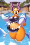  2018 antelope anthro belly bikini blue_eyes breasts camel_toe clothing digital_media_(artwork) don_ko female gazelle hi_res horn looking_at_viewer mammal nipple_bulge open_mouth open_smile pear_(don_ko) pool_toy pregnant signature smile solo swimsuit thick_thighs water 