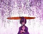  bangs chef_no_kimagure_salad commentary_request fate/grand_order fate_(series) flower japanese_clothes kimono looking_at_viewer oni oni_horns open_clothes open_kimono oriental_umbrella plant purple_eyes purple_hair purple_kimono short_hair shuten_douji_(fate/grand_order) smile umbrella upper_body vines wisteria 