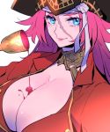  1girl black_hat blue_eyes breasts cleavage fate/grand_order fate_(series) francis_drake_(fate) hat large_breasts long_hair looking_at_viewer parted_lips pink_hair pirate_hat smile solo tagme upper_body 