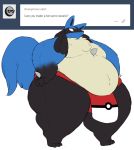  anthro black_fur blue_fur canine chest_spike clothing english_text fur hands_on_hips loincloth lucario male mammal morbidly nintendo obese overweight pok&eacute;ball pok&eacute;mon pok&eacute;mon_(species) rakashama red_eyes simple_background solo standing sumo text thick_thighs video_games wide_hips 