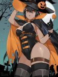  alternate_costume bare_tree black_hair bren_(girls_frontline) candy cape commentary corset dark_skin eyebrows_visible_through_hair food food_themed_hair_ornament from_below girls_frontline hair_ornament halloween hat highres leotard lollipop long_hair looking_down moon orange_eyes pumpkin_hair_ornament rox silk skindentation solo spider_web strap thighhighs thighs tree very_long_hair witch_hat 