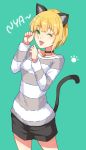  :d animal_ears black_shorts blonde_hair cat_ears cat_tail cowboy_shot eichan_(eichanidfi) eyebrows_visible_through_hair green_background green_eyes highres idolmaster idolmaster_cinderella_girls miyamoto_frederica open_mouth shiny shiny_hair short_hair short_shorts shorts simple_background smile solo standing striped striped_sweater sweater tail 