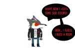  black_nose canine clothing colored darius_k hair male mammal mrkhaerus night_in_the_woods red_eyes solo speech_bubble wolf 